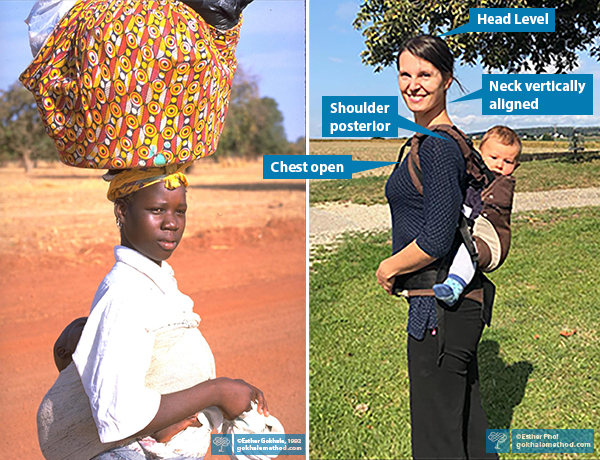 A young mother in Burkina Faso, and (separately) Esther Pohl, each with a baby on her back.