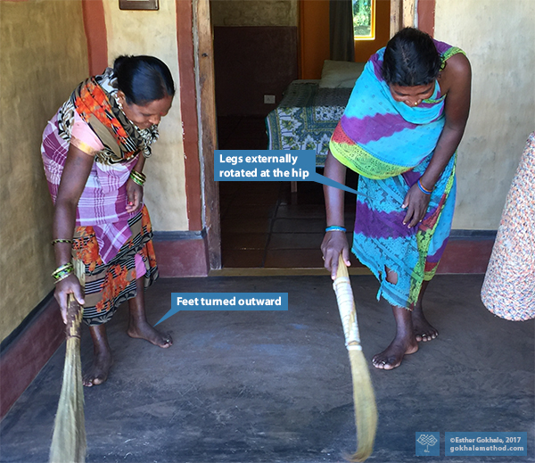 Indian women in Odisha, India, sweeping the floor, showing foot turnout