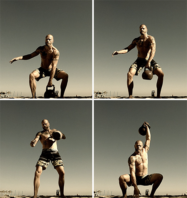 4 stages of kettlebell snatch, man squatting